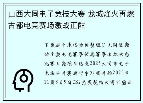 山西大同电子竞技大赛 龙城烽火再燃古都电竞赛场激战正酣